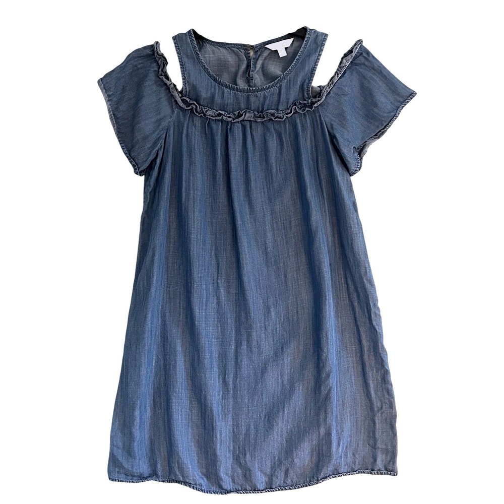 LC‎ Lauren Conrad Cold Shoulder Dress Womens M Blue Ruffle Tencel Chambray Boho